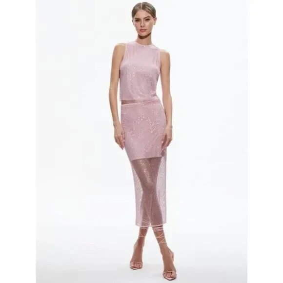 Alice & Olivia Maeve Crystal Embellished Mesh Midi Pencil Skirt Petal Women's 14